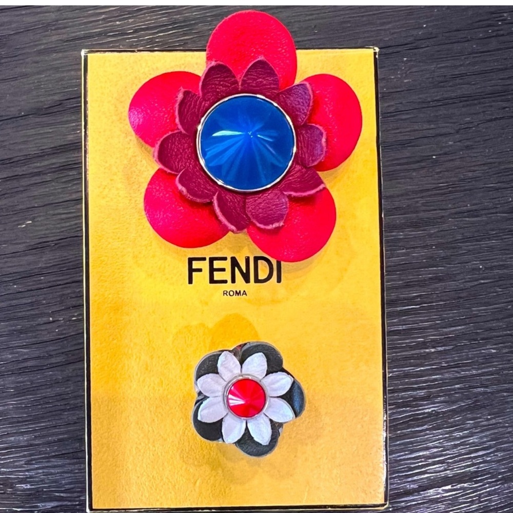 FENDI set of two multicolor floral leather Silvertone magnetic brooches